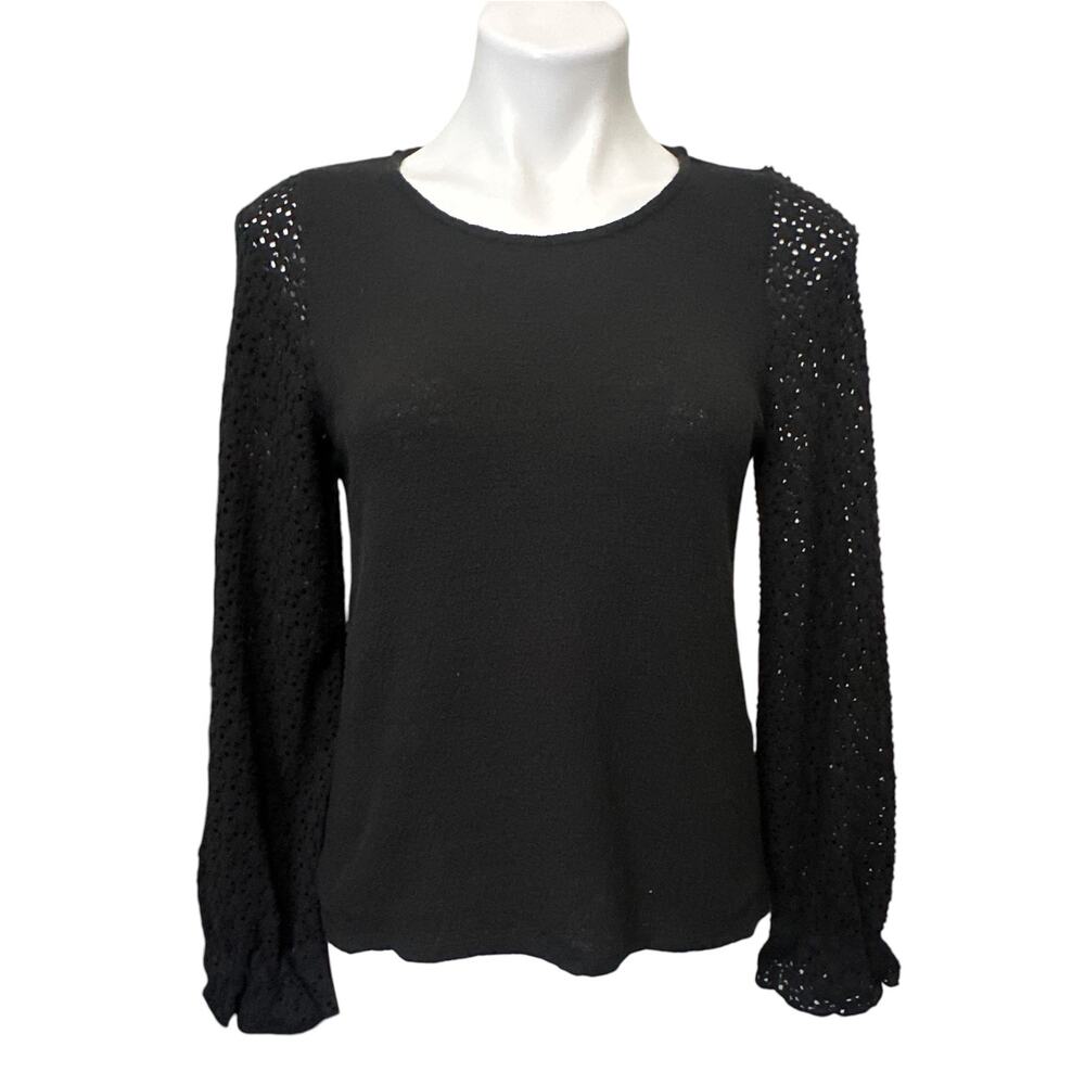 Madewell Texture & Thread Eyelet Mix Ruffle Sleeve Top Women's XS Black Boho